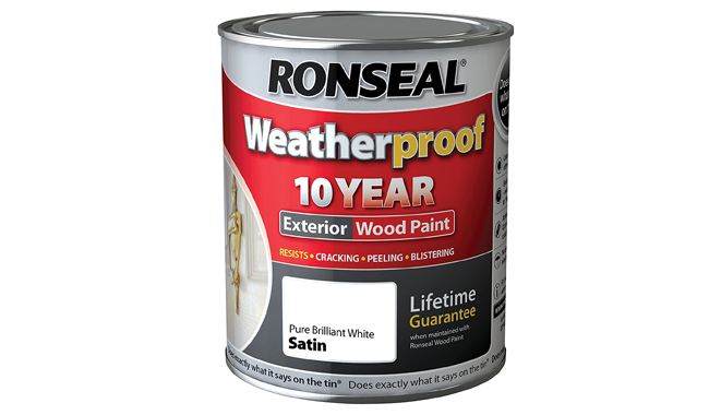Ronseal Weatherproof 10 Year Exterior Wood Paint Brilliant White Satin 750 ml